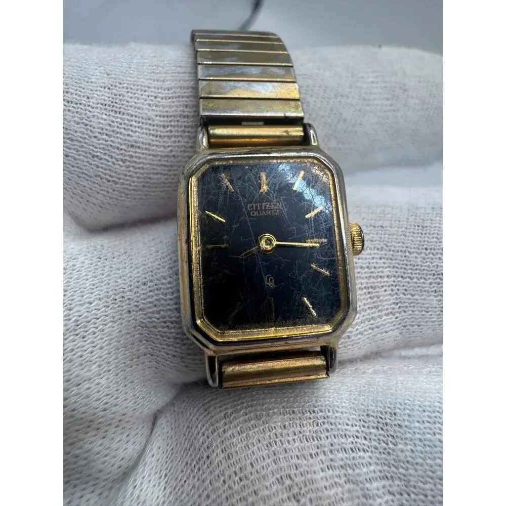 Citizen CQ Watch Women 17mm Black Dial Gold Tone Rectangle 3220-T15642 New Batt